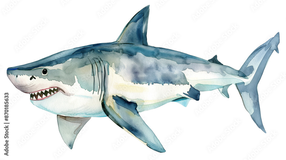 Obraz premium Watercolor Animated Shark Illustration isolated on a transparent background