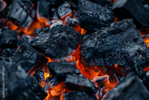 Close-up of fiery black coals, intense heat