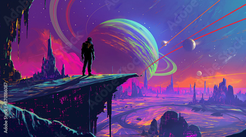 a person stands on the edge of an enormous colorful planet with rings, looking out at another world filled with strange buildings and people in bright , a space station is visible in one corner
