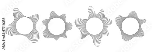 Black sound wave line pattern set. Radial audio, music or voice icon collection. Linear undulate wavy equalizer spectrum symbol pack. Circle sunburst frame bundle. Vector soundwave elements