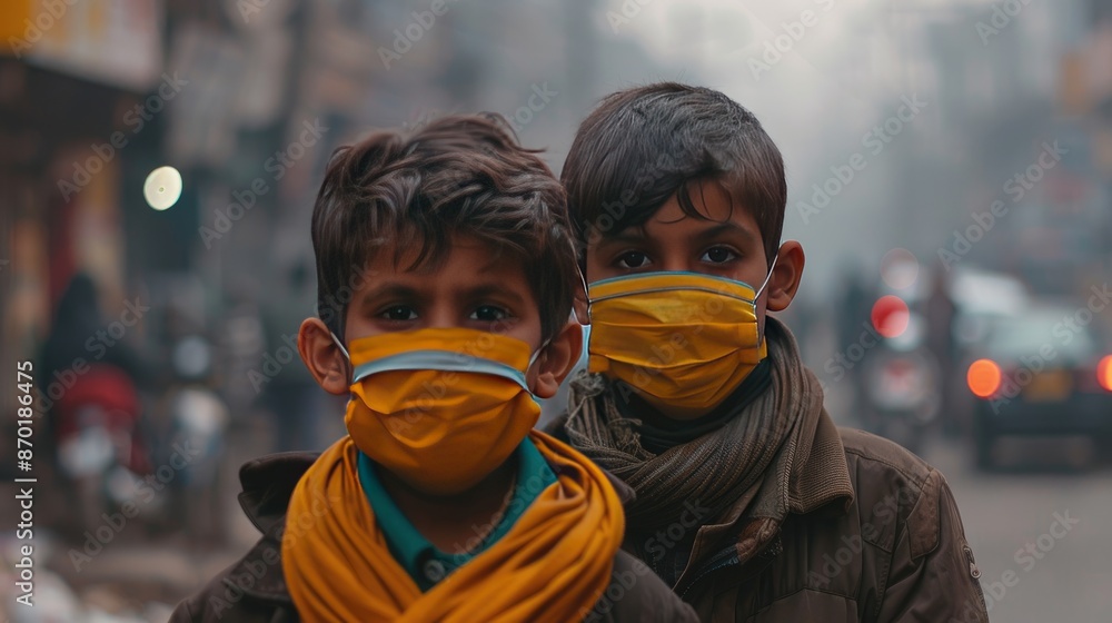 Children wearing masks in a smog-filled city, showing air pollution issues Children wearing masks in a smog-filled city, showing air pollution issues