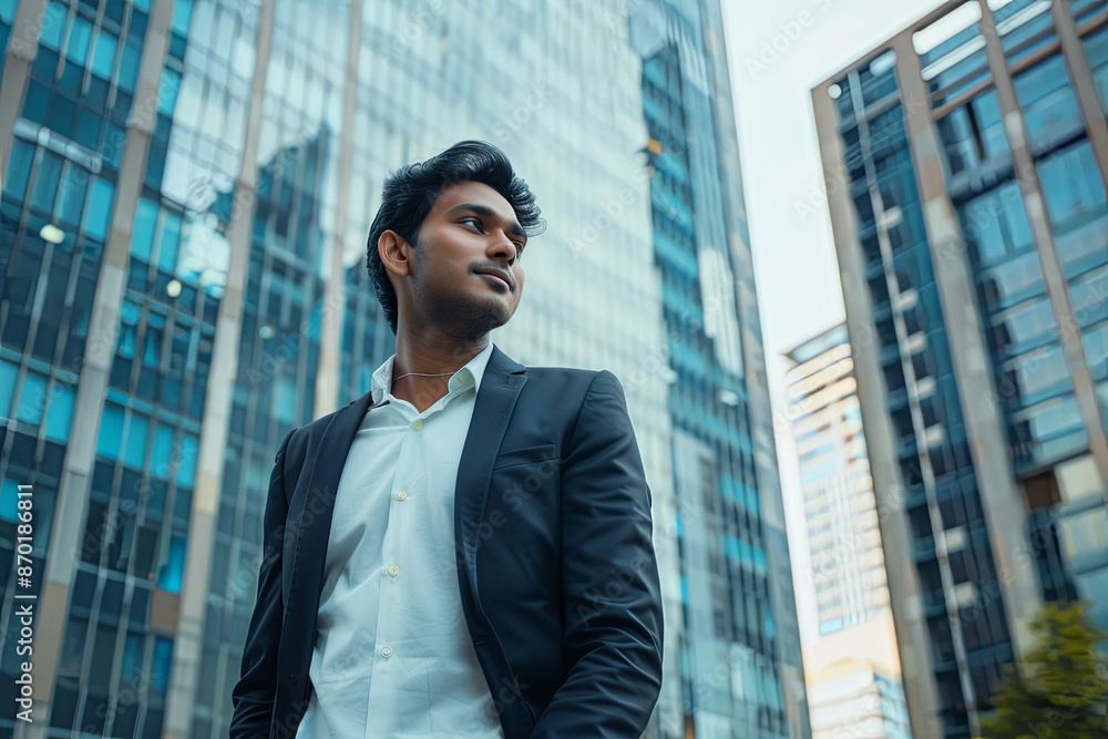 Confident Eastern Indian businessman in a modern city, visualizing future business success and setting new goals Confident Eastern Indian businessman in a modern city, visualizing future business success and setting new goals