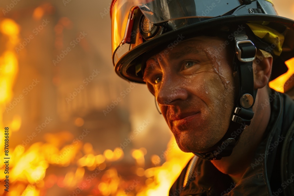 Brave firefighter in protective gear amid blazing fire, showing courage and determination in dangerous conditions. Brave firefighter in protective gear amid blazing fire, showing courage and determination in dangerous conditions.
