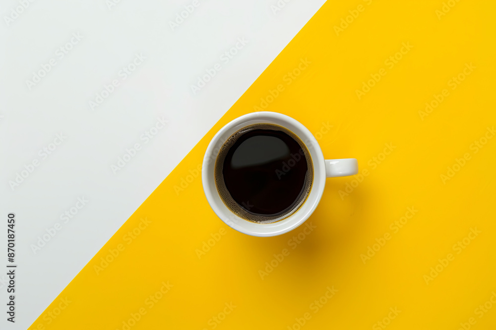 Top view of coffee cup on yellow and white backdrop Top view of coffee cup on yellow and white backdrop