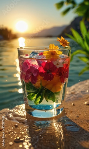 Flowers in a glass at sunset.