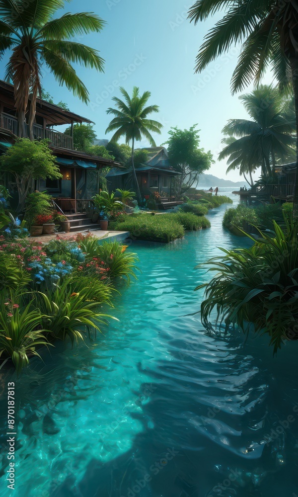 Tropical Paradise Tranquil Lagoon with Palm Trees and Cabins. Tropical Paradise Tranquil Lagoon with Palm Trees and Cabins.