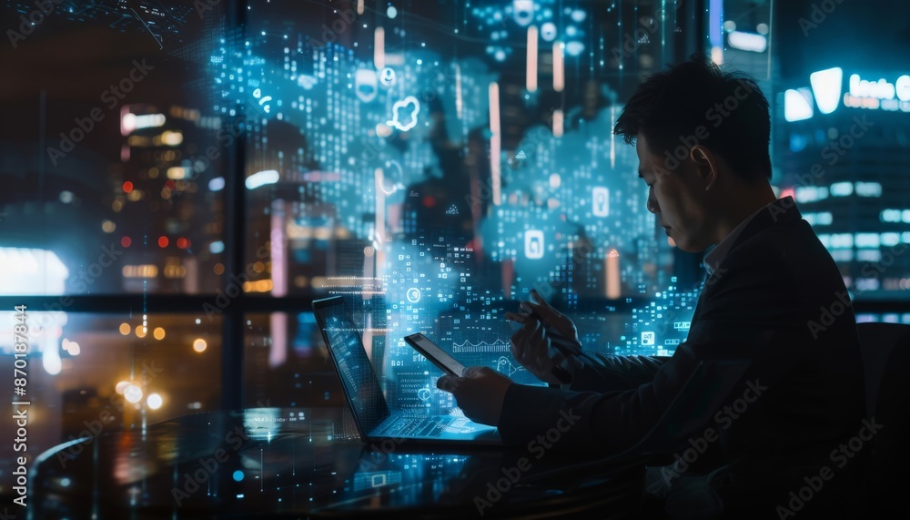 Businessman Working Late at Night with Laptop and Smartphone in a Cityscape suitable for business background, posters, wallpapers, banners, greeting cards, and advertising for business entities Businessman Working Late at Night with Laptop and Smartphone in a Cityscape suitable for business background, posters, wallpapers, banners, greeting cards, and advertising for business entities