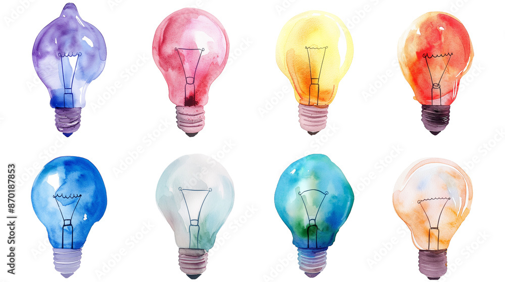 A series of colorful light bulbs are painted on a white background A series of colorful light bulbs are painted on a white background