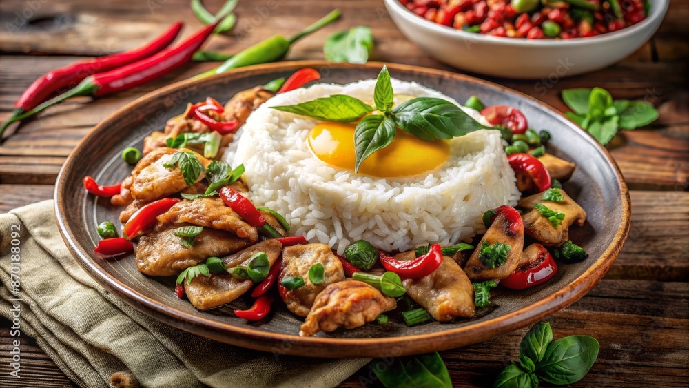 Sizzling chili peppers and fragrant Thai basil adorn juicy chicken, served atop fluffy steamed rice with golden fried egg. Sizzling chili peppers and fragrant Thai basil adorn juicy chicken, served atop fluffy steamed rice with golden fried egg.