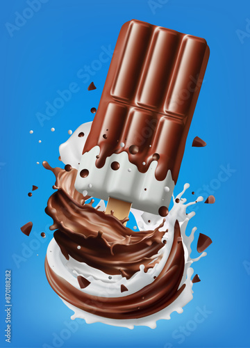 Dark chocolate ice cream popsicle  in a splash of milk on background. Realistic vector in 3D illustration Gradient Wes