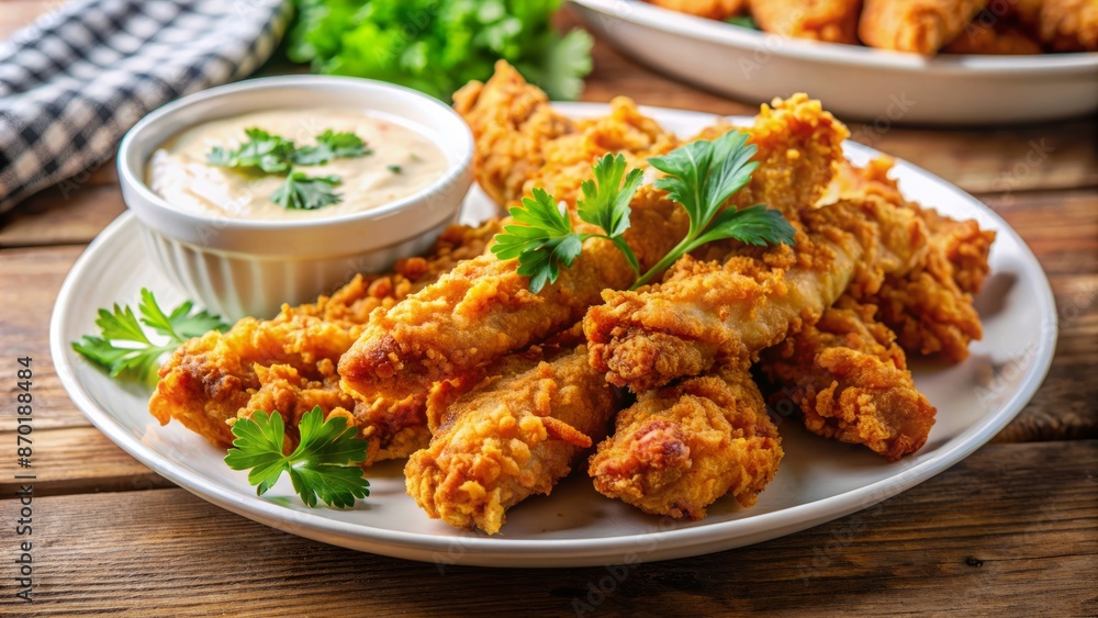 Crispy Fried Chicken Tenders With Parsley And Dipping Sauce On A White Plate. Crispy Fried Chicken Tenders With Parsley And Dipping Sauce On A White Plate.