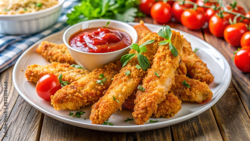 Crispy Chicken Strips With Ketchup On A White Plate. Crispy Chicken Strips With Ketchup On A White Plate.