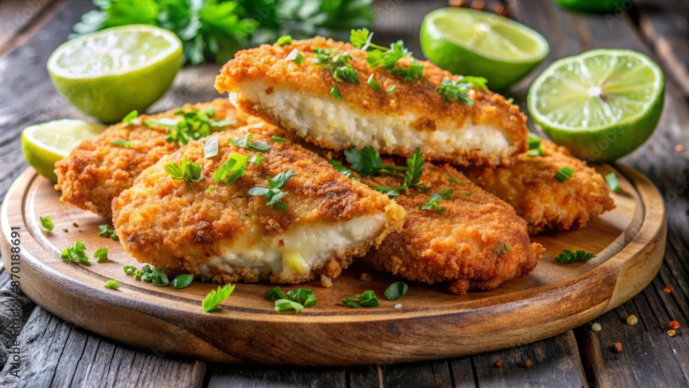 Crispy fried chicken cutlets smothered in golden breadcrumbs and parmesan cheese crust, garnished with dollops of creamy mustard and lime. Crispy fried chicken cutlets smothered in golden breadcrumbs and parmesan cheese crust, garnished with dollops of creamy mustard and lime.