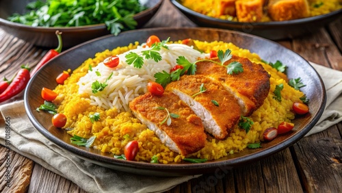 Crispy Chicken Schnitzel With Lemon Rice And Vegetables On A Plate photo