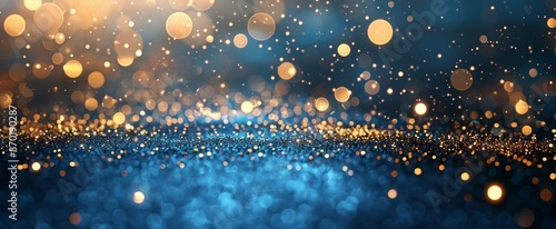 Blue Glitter Background With Golden Bokeh Lights
