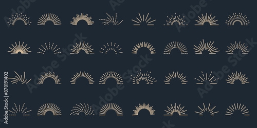 Set round sunburst. Bursting rays sunrise firework.