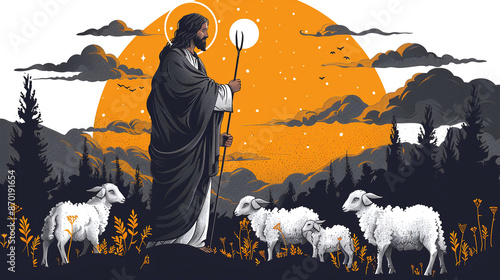 illustration christian metaphor about Jesus as shepherd of the people photo