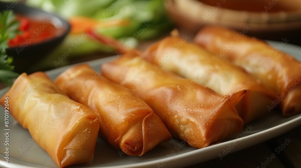 Close Up Photo Of Fried Vegetarian Spring Rolls On A Plate, Ready To Serve In A Home Kitchen Close Up Photo Of Fried Vegetarian Spring Rolls On A Plate, Ready To Serve In A Home Kitchen