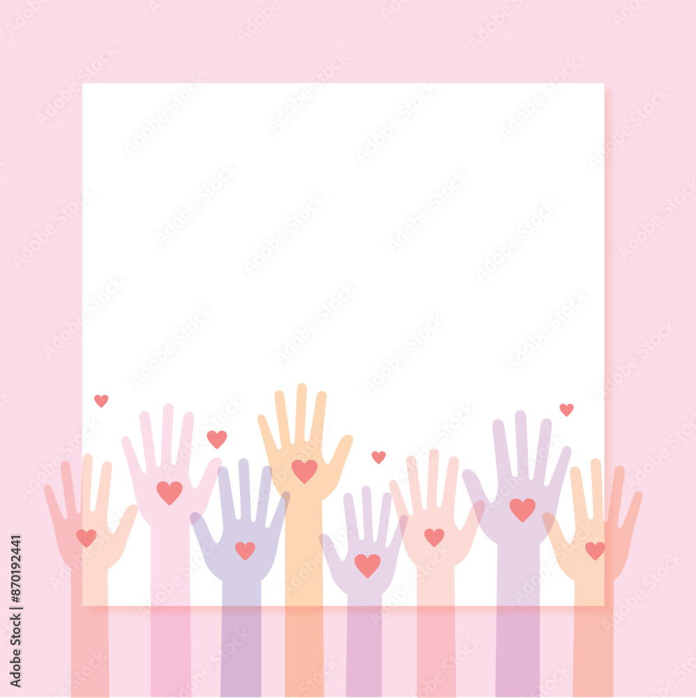 Fototapeta premium Image of volunteers of different races holding hands with heart symbols. Expression of social care images.