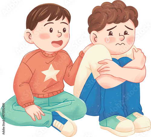 Boy Trying To Cheer His Friend After Being Bullied Illustration
