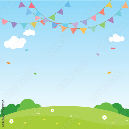Colorful flags and flowers background on blue sky and blue grass.