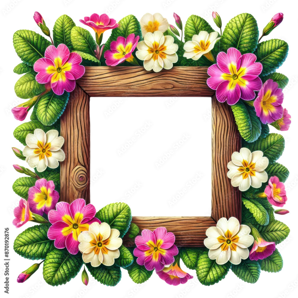 A wooden frame decorated with vibrant primrose flowers in pink, white, and yellow isolated transparent background, PNG A wooden frame decorated with vibrant primrose flowers in pink, white, and yellow isolated transparent background, PNG