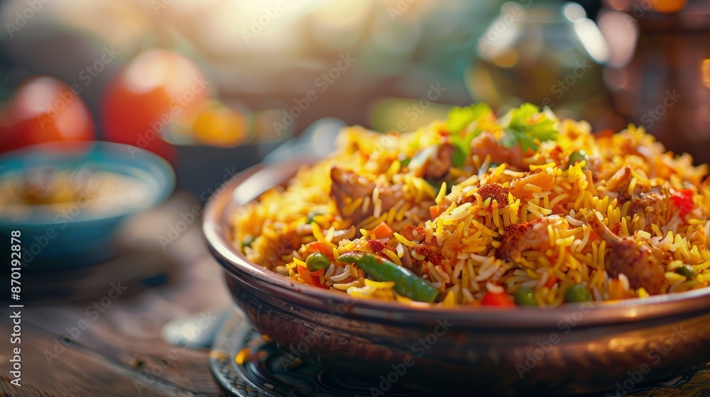 Close-Up Of Biryani, A Popular Indian Food Made With Spices, Vegetables, Rice, And Meat, Ready To Enjoy Close-Up Of Biryani, A Popular Indian Food Made With Spices, Vegetables, Rice, And Meat, Ready To Enjoy