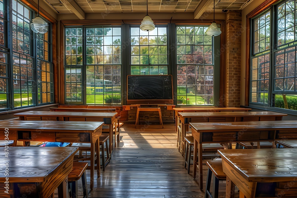 A cozy empty classroom with wooden desks, a chalkboard at the front, and large windows offering a view of the schoolyard A cozy empty classroom with wooden desks, a chalkboard at the front, and large windows offering a view of the schoolyard