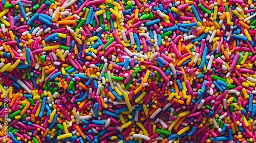 Rainbow sprinkles background tile realistic photo. Close up food photography, for advertisement, product promotion, background, wallpaper.