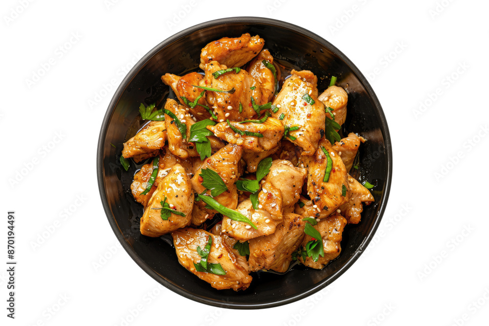 Garlic chicken in a black bowl isolated on transparent background Garlic chicken in a black bowl isolated on transparent background