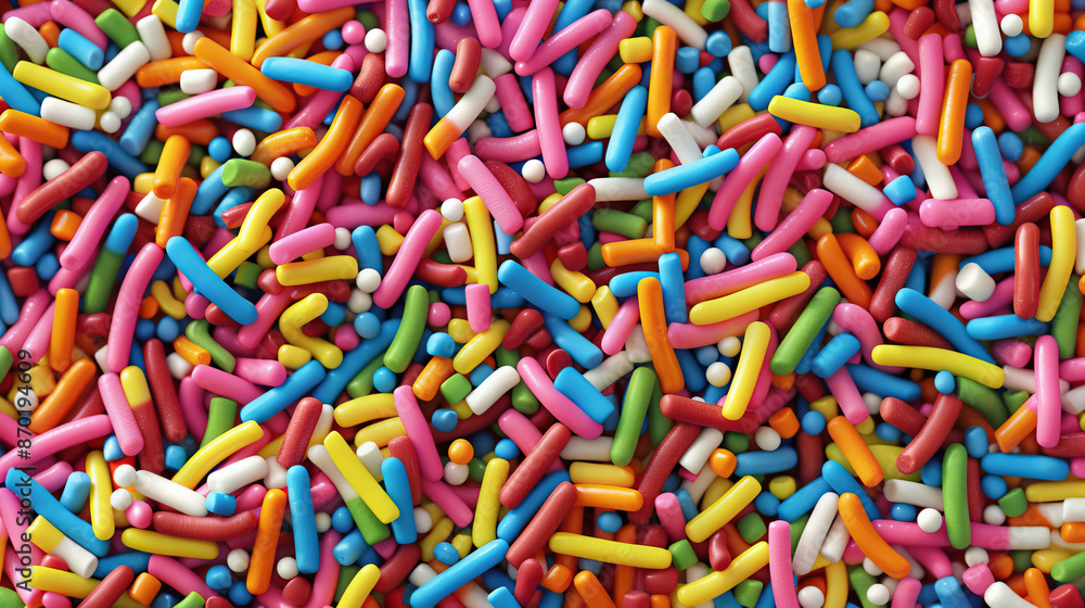 Rainbow sprinkles background tile realistic photo. Close up food photography, for advertisement, product promotion, background, wallpaper. Rainbow sprinkles background tile realistic photo. Close up food photography, for advertisement, product promotion, background, wallpaper.