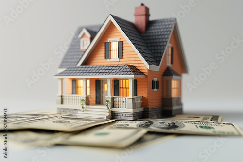 “Miniature House Model on US Dollar Bills”. The picture concept tells about saving and investing for old age.