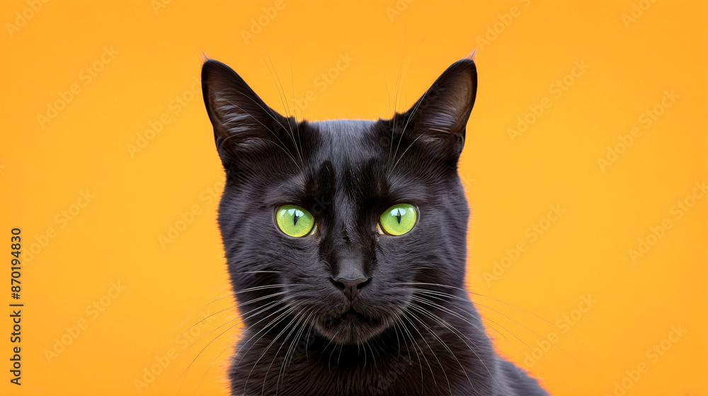 Black cat with green eyes. Orange background. 1 Black cat with green eyes. Orange background. 1