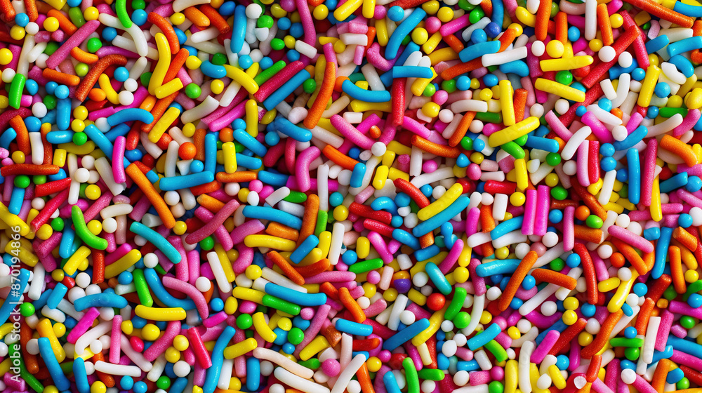 Rainbow sprinkles background tile realistic photo. Close up food photography, for advertisement, product promotion, background, wallpaper. Rainbow sprinkles background tile realistic photo. Close up food photography, for advertisement, product promotion, background, wallpaper.