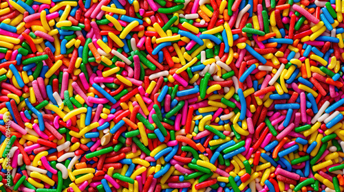 Rainbow sprinkles background tile realistic photo. Close up food photography, for advertisement, product promotion, background, wallpaper.