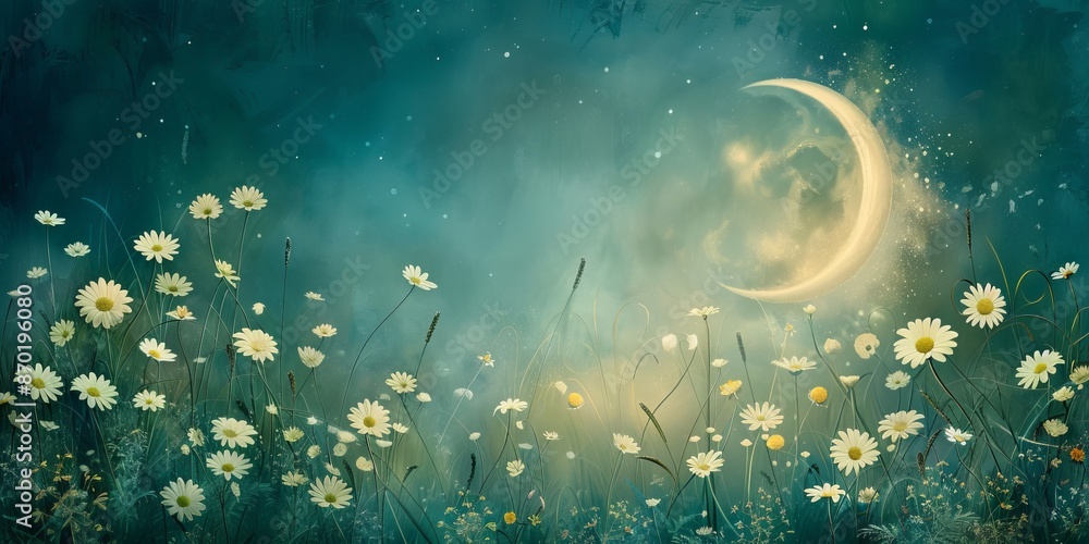 Fototapeta premium Moonlit Meadow: Wildflowers Under a Starry Sky with a Crescent Moon