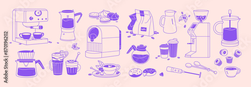 Coffeeshop items sketch. Set of coffeehouse appliances: coffee machine, grinder. Contour pack of coffe beans, coffeepots, paper cups, mug of hot drinks, desserts. Outline isolated vector illustrations
