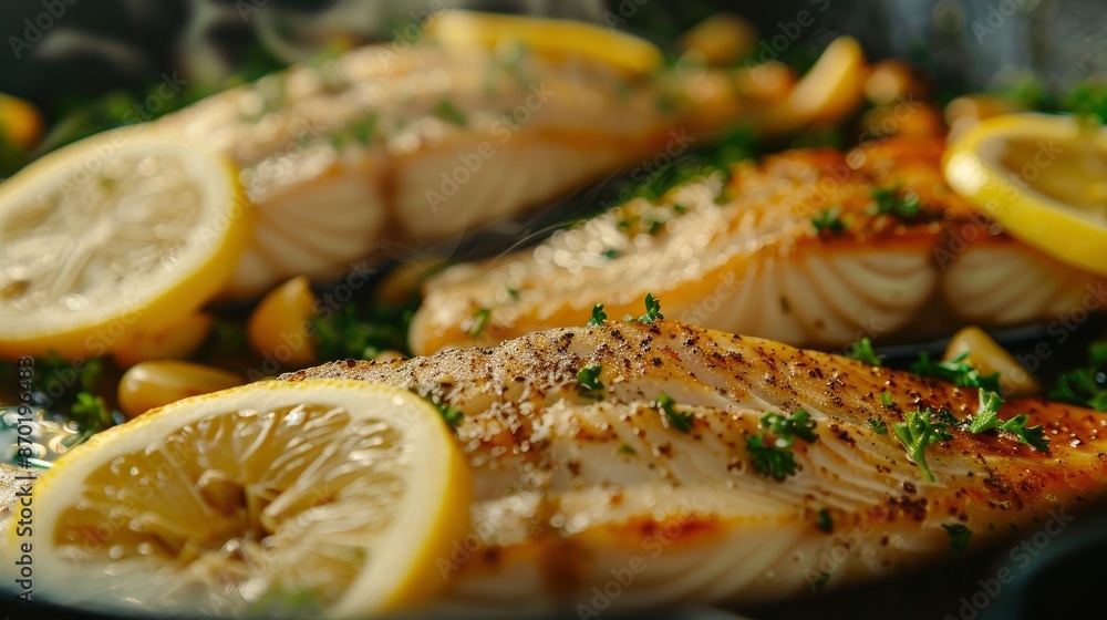 Cooking Fish Meat With Lemon, Parsley, And Garlic, A Flavorful Preparation Cooking Fish Meat With Lemon, Parsley, And Garlic, A Flavorful Preparation