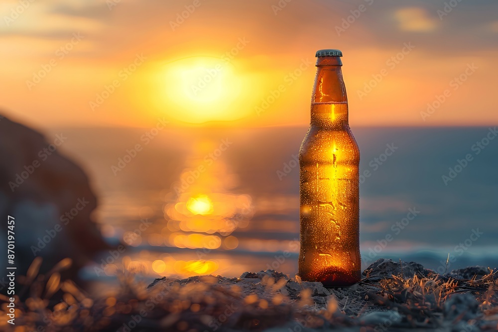 A single beer bottle with a sunset in the background, highlighting the relaxing and enjoyable atmosphere of enjoying a beer A single beer bottle with a sunset in the background, highlighting the relaxing and enjoyable atmosphere of enjoying a beer