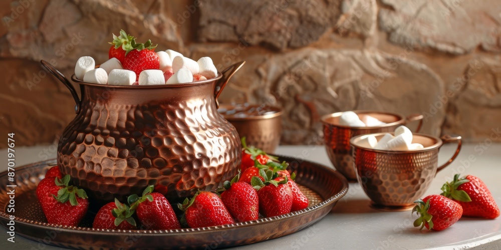 Copper Kitchenware with Strawberries and Marshmallows on Rustic Table Copper Kitchenware with Strawberries and Marshmallows on Rustic Table