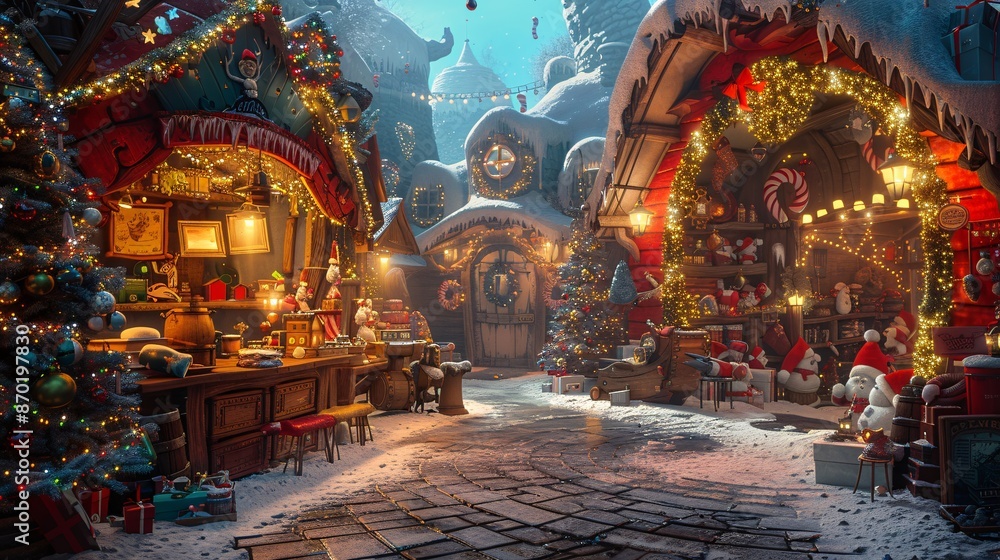 Santa's factory at the North Pole is bustling with activity, gift shops Santa's factory at the North Pole is bustling with activity, gift shops