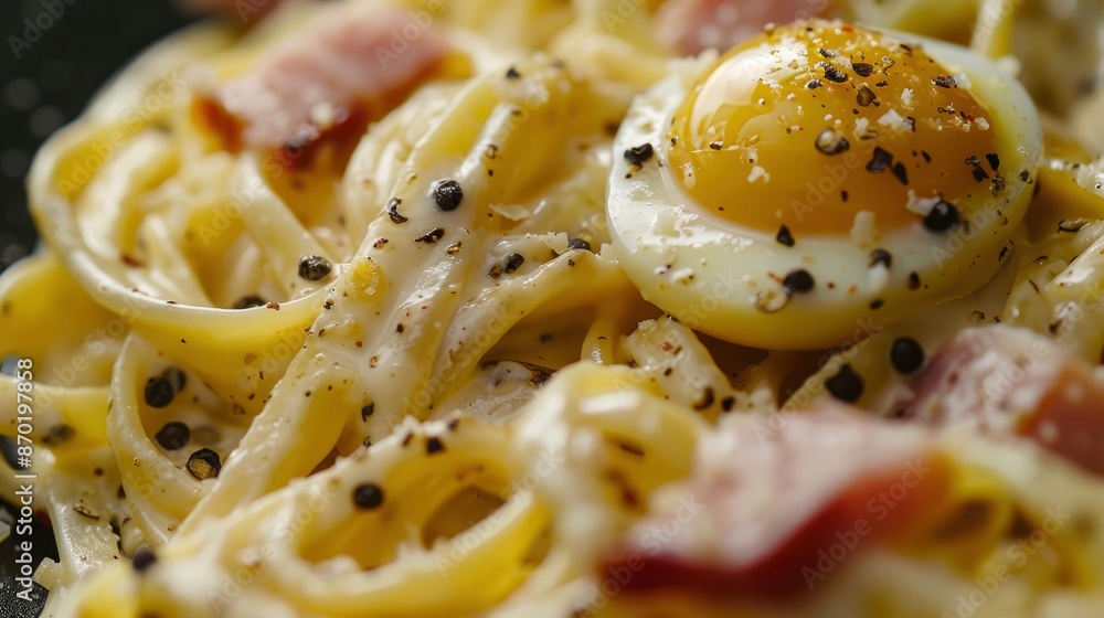 Creamy Carbonara Pasta With Quail Eggs, Hard Cheese, Cured Pork, And Black Pepper, Close-Up Of A Delectable Dish Creamy Carbonara Pasta With Quail Eggs, Hard Cheese, Cured Pork, And Black Pepper, Close-Up Of A Delectable Dish