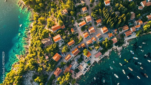 An aerial panoramic view of the traditional Dalmatian village of Ložišća on Brač Island, Croatia, showcases its picturesque setting amidst rugged hills and the Adriatic Sea.