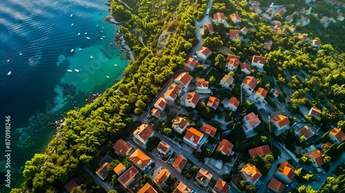 An aerial panoramic view of the traditional Dalmatian village of Ložišća on Brač Island, Croatia, showcases its picturesque setting amidst rugged hills and the Adriatic Sea. photo