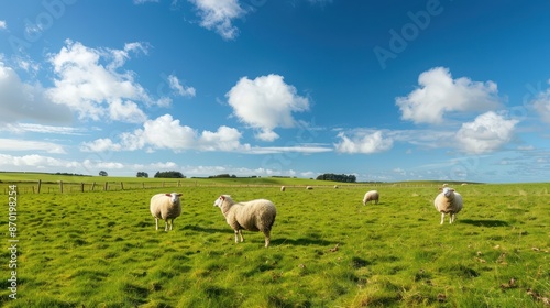 Scenic view of a green field dotted with curious sheep and a bright blue sky. 