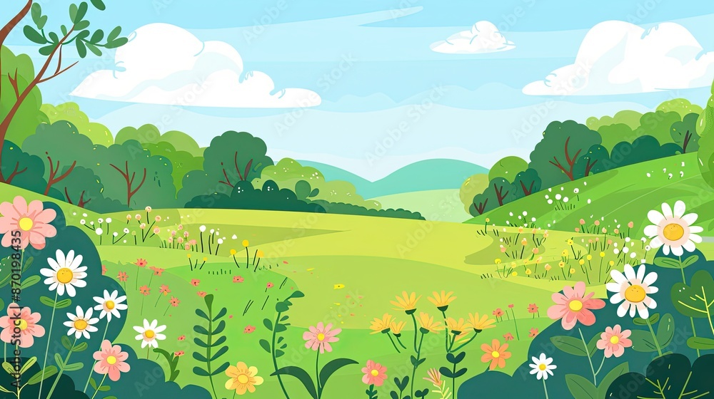 Fototapeta premium Natural meadow flat design side view theme peace cartoon drawing Triadic Color Scheme