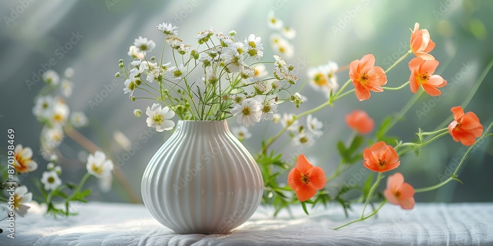 Soft Focus Floral Still Life with White Vase, Orange and White Blooms in Sunlit Setting Soft Focus Floral Still Life with White Vase, Orange and White Blooms in Sunlit Setting