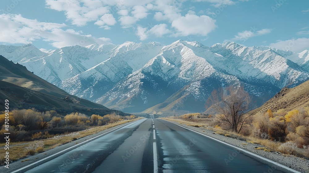 Fototapeta premium An asphalt road stretching into the distance against the backdrop of high mountain ranges.