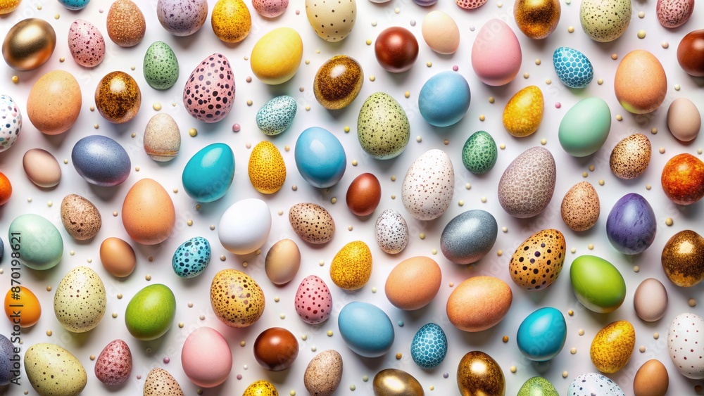 Fototapeta premium Colorful arrangement of eggs in various shapes and sizes forming a seamless repetitive pattern on a white background.