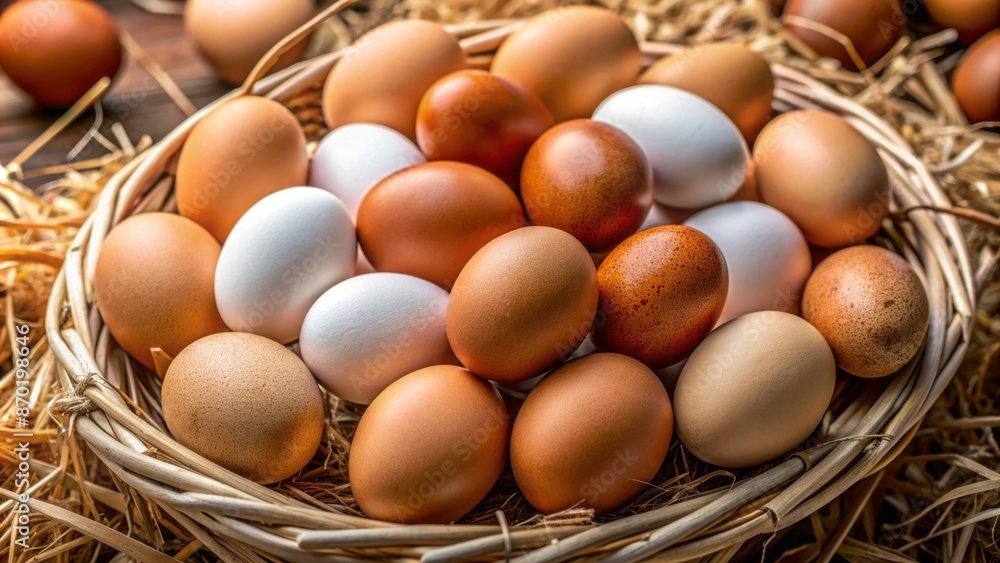 Fresh Eggs From Happy Hens. A Variety Of Brown And White Eggs In A Basket. Fresh Eggs From Happy Hens. A Variety Of Brown And White Eggs In A Basket.